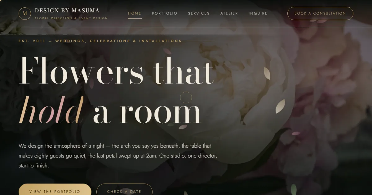 Homepage of the Design by Masuma website, showing the headline Flowers that hold a room over a close-up of a peony