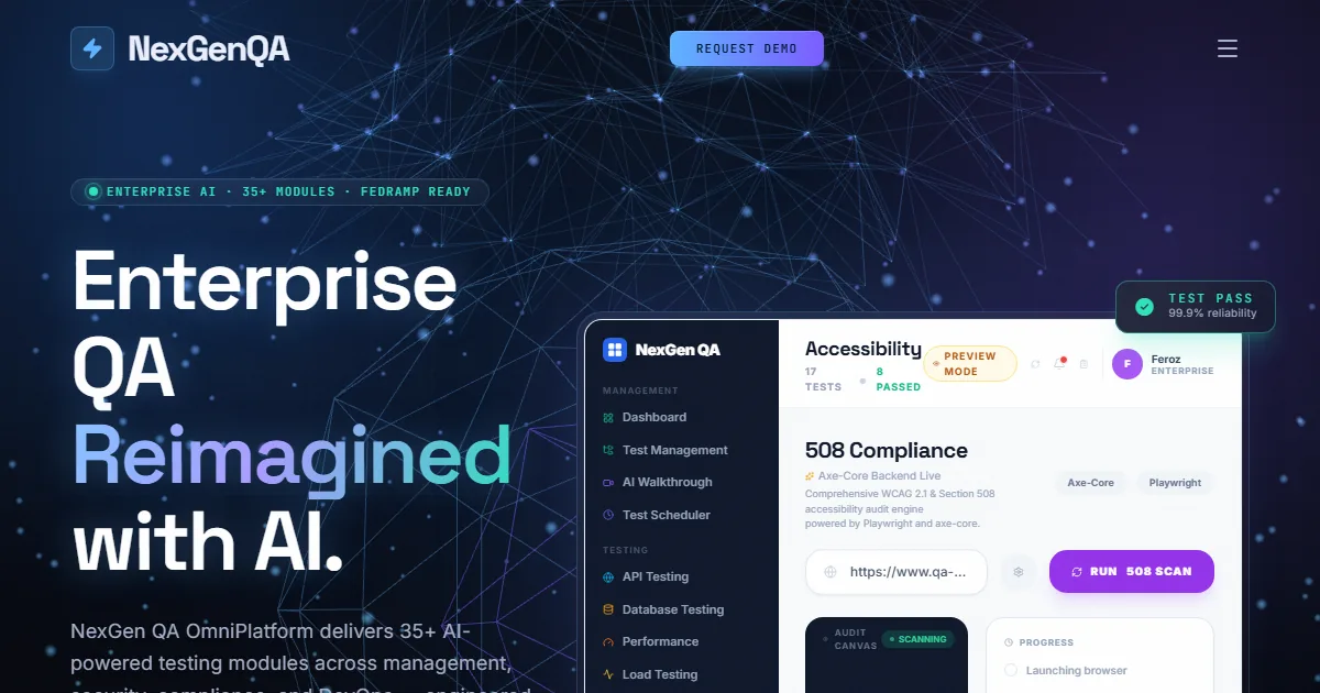 Homepage of qa-automation.com with the headline Enterprise QA Reimagined with AI and a preview of the NexGen QA dashboard